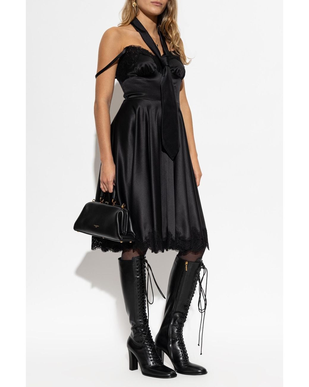 Dolce & Gabbana Black Silk Dress With Lace Accents