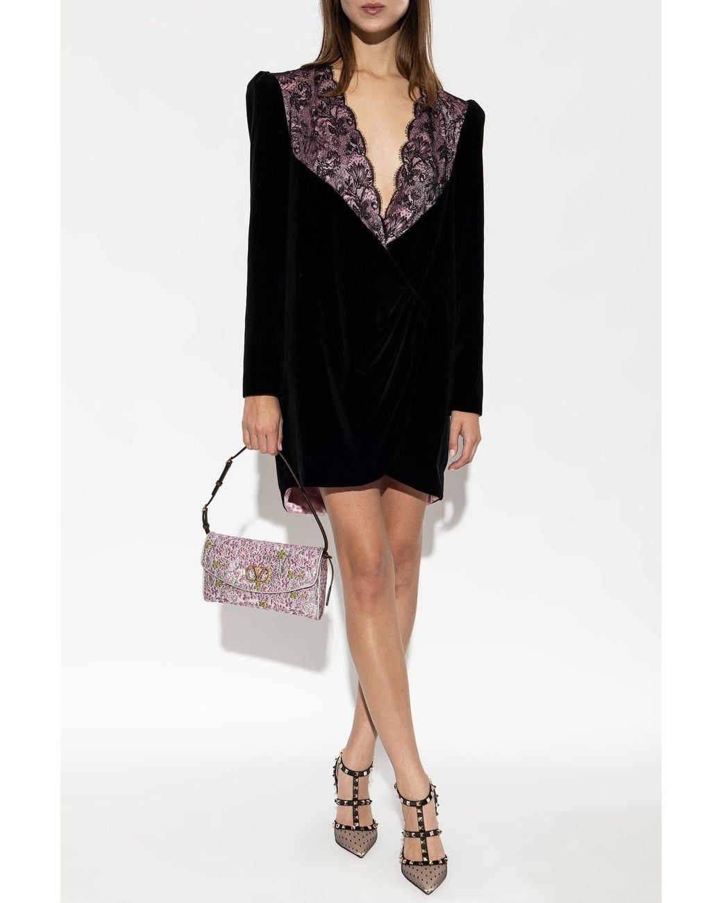 Valentino Garavani Black Velvet Dress With Lace Trim