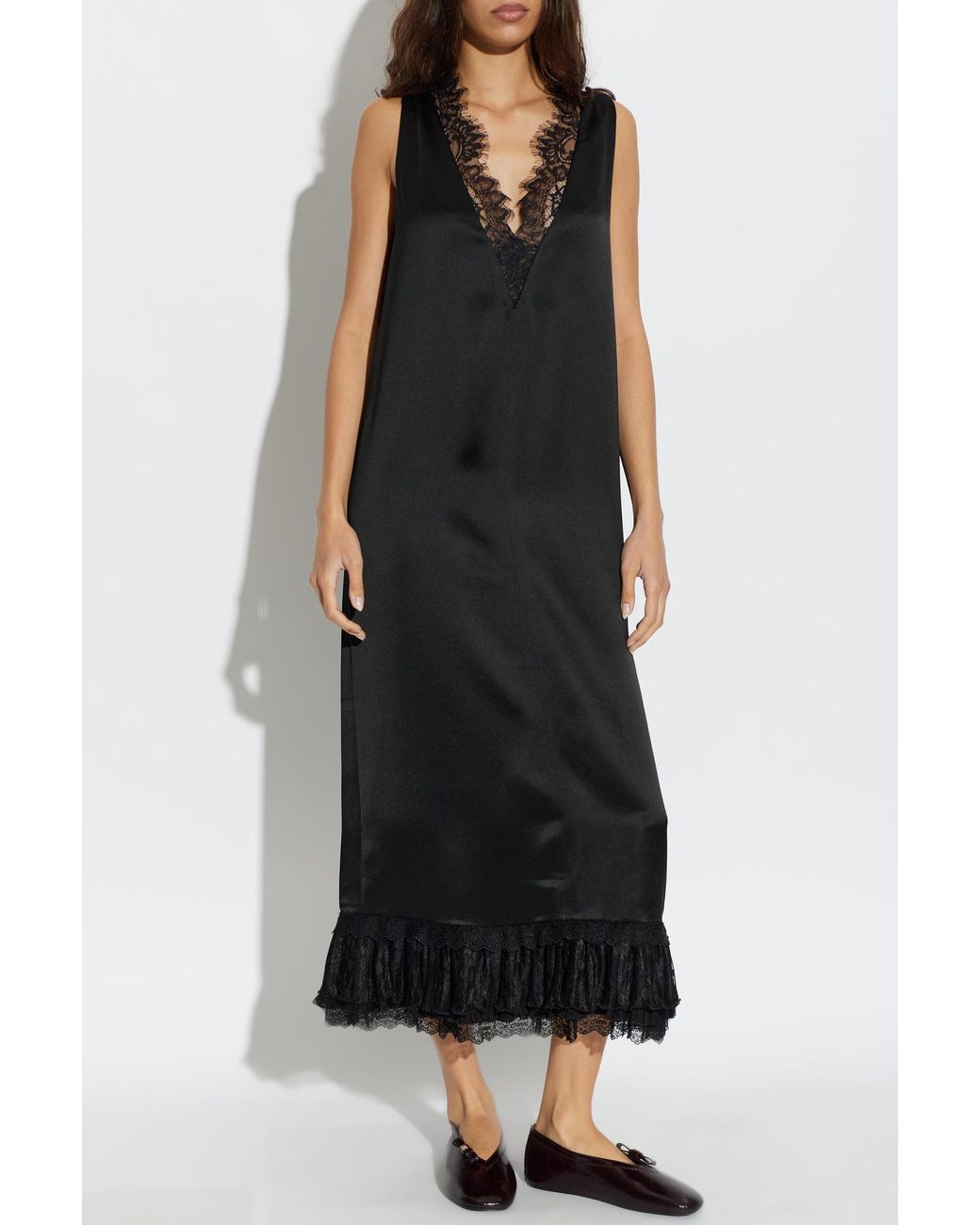 Ganni Black Satin Dress With Lace Inserts