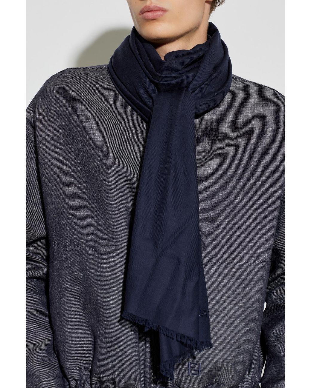 Ferragamo Blue Cashmere Scarf With Embroidered Logo for men