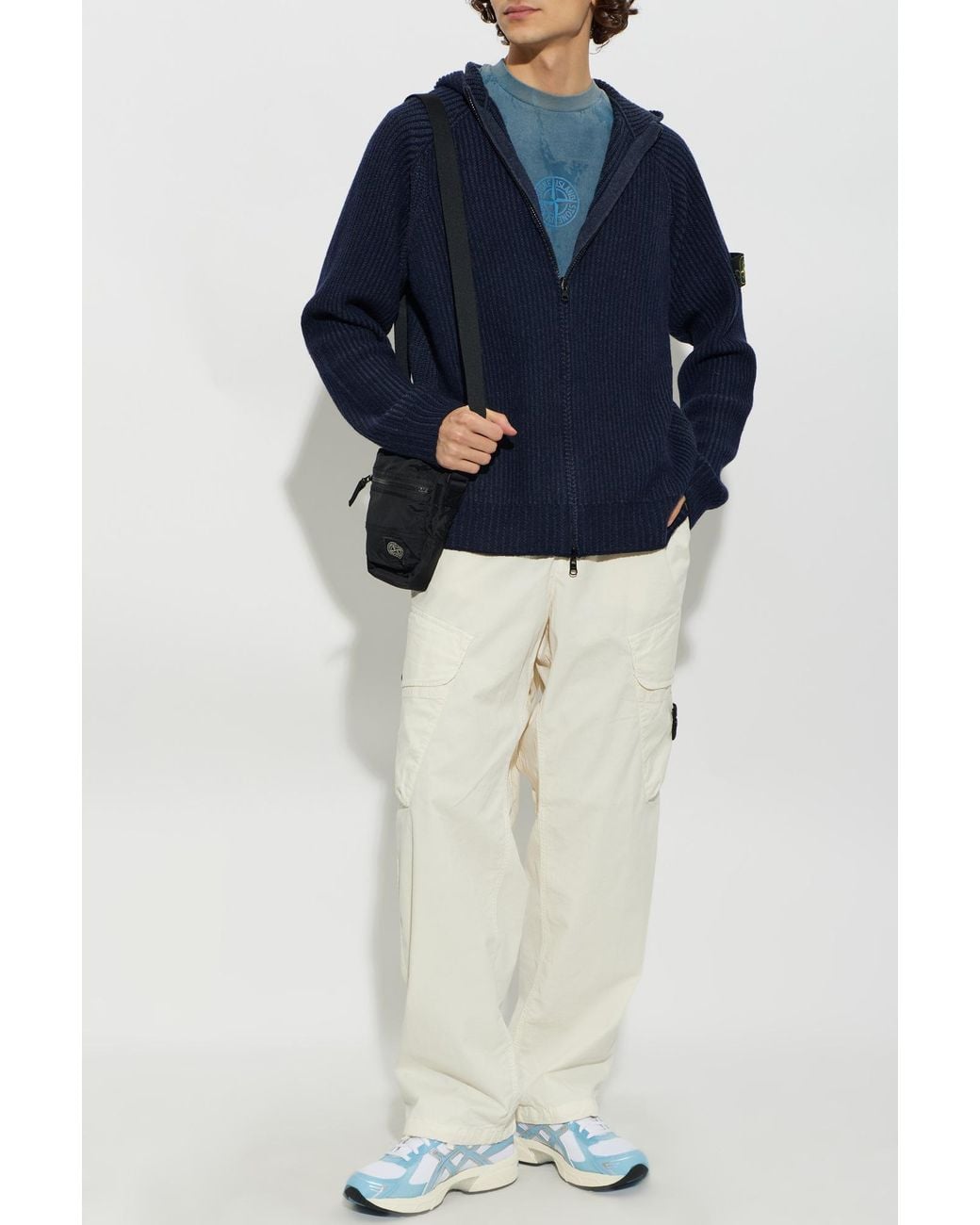 Stone Island Blue Cashmere Hooded Cardigan for men