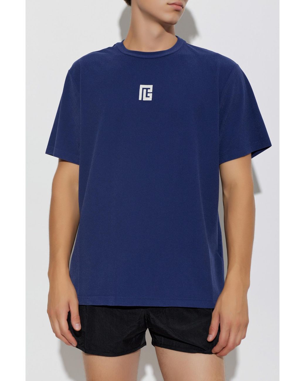 Balmain Blue T-Shirt With Embroidered Logo for men