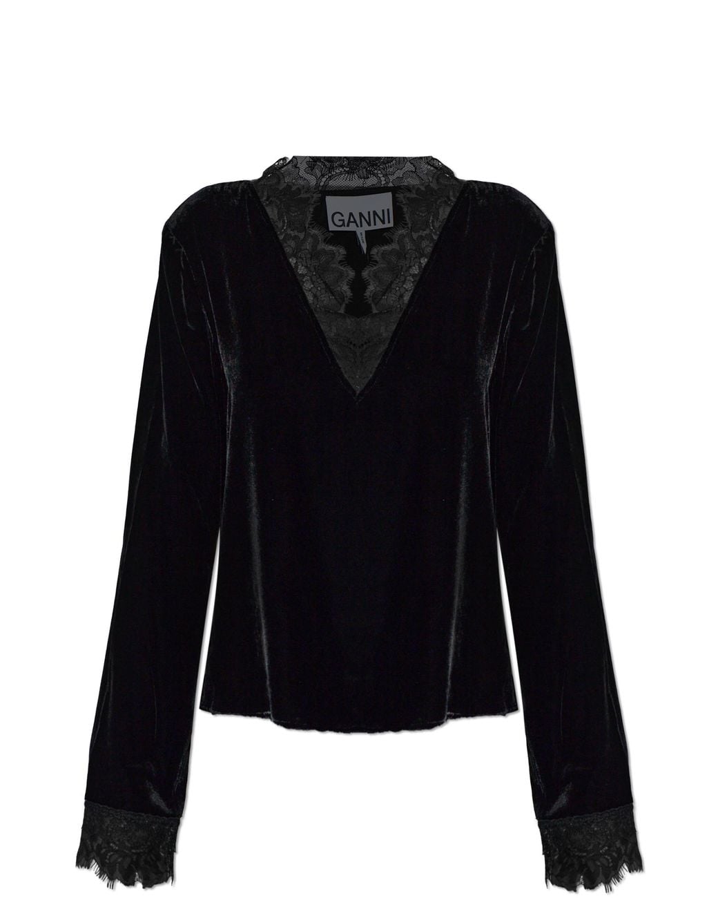 Ganni Black Velvet Top With Lace Detailing