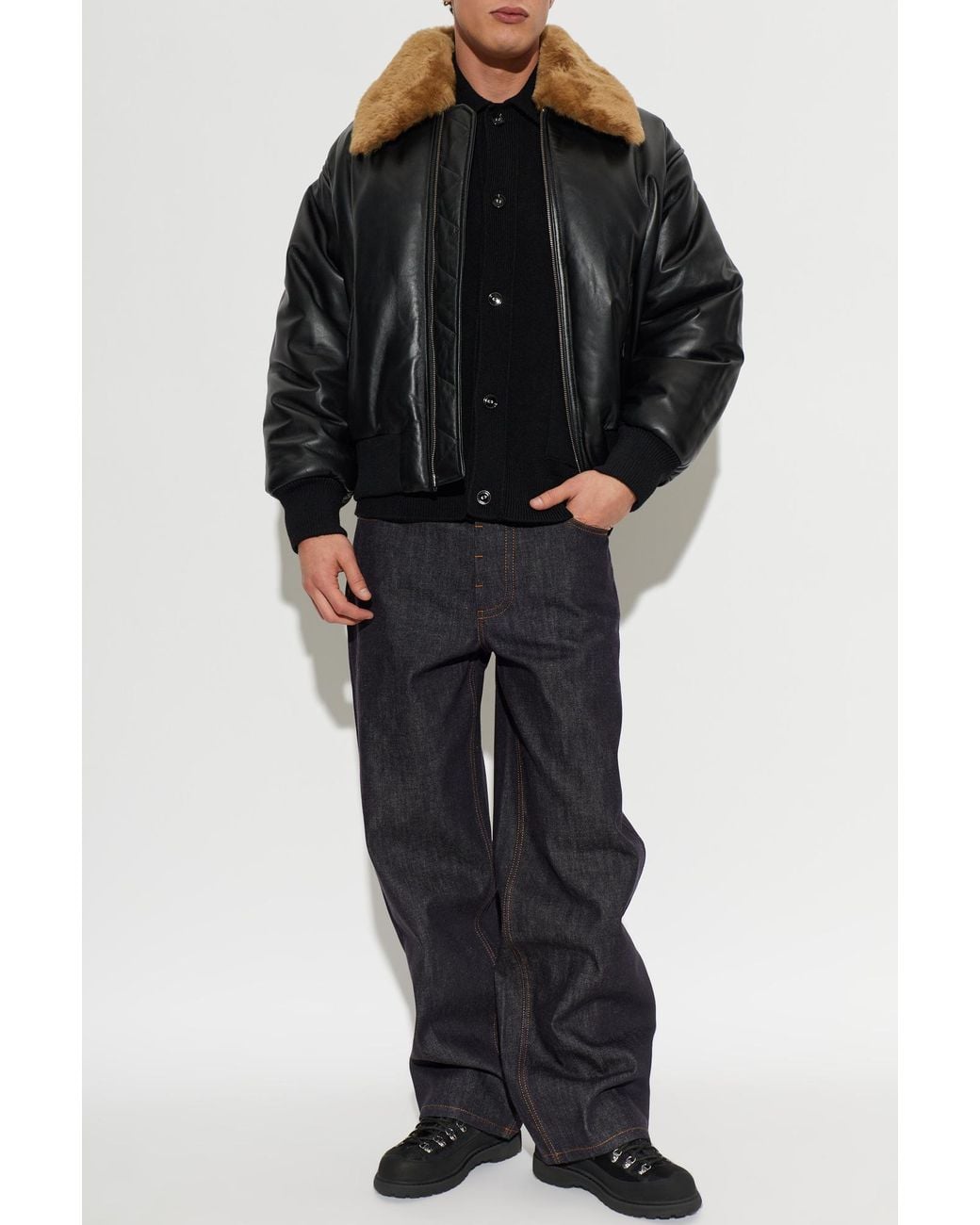 AMI Black Leather Jacket With Fur Collar for men