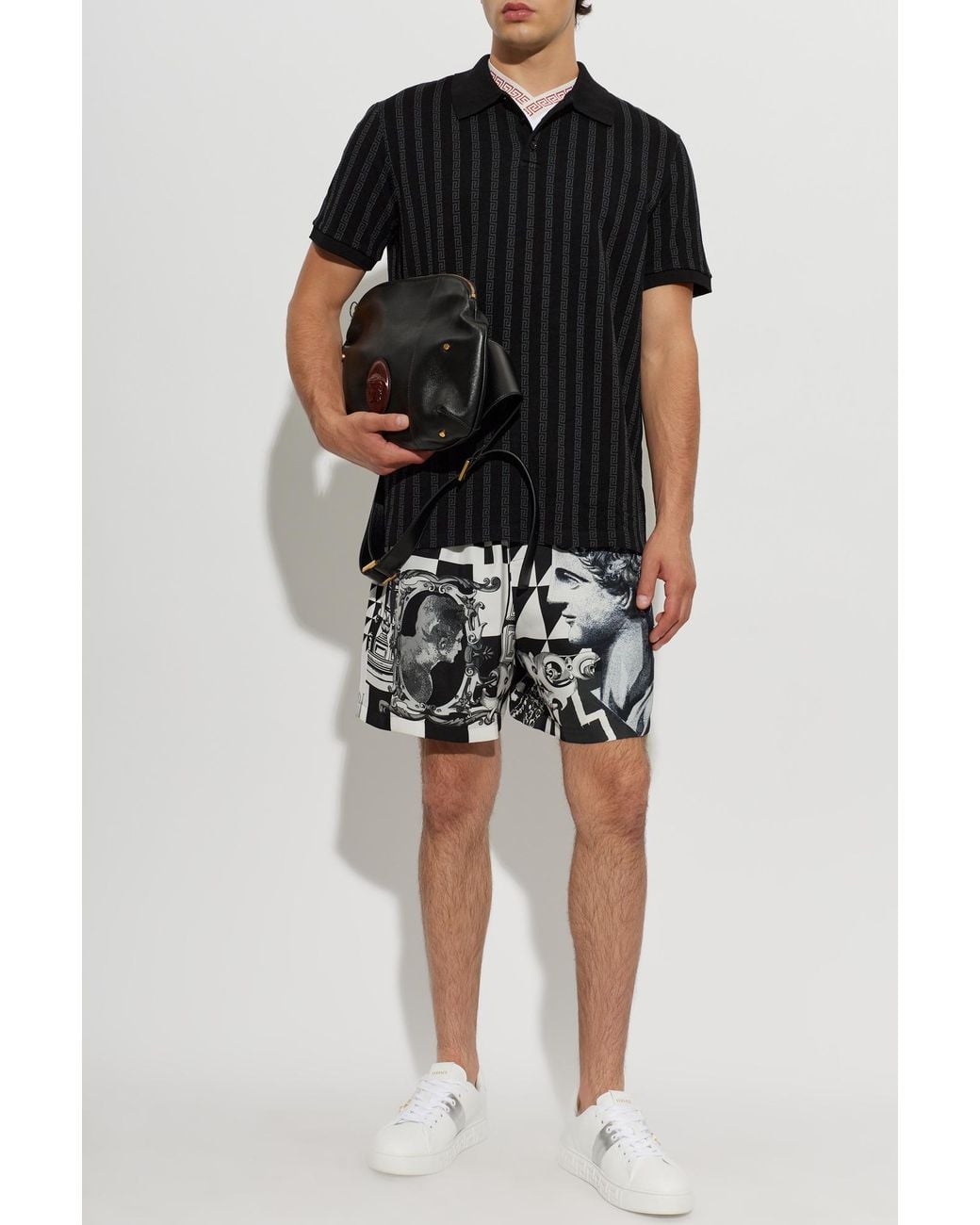 Versace Black Cotton Polo Shirt With Monogram for men