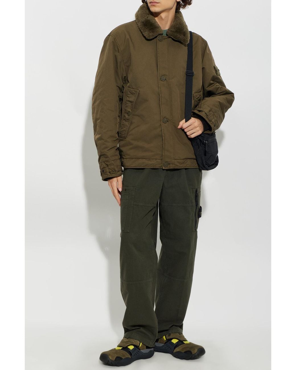 Stone Island Green Insulated Jacket With Faux Fur Collar for men