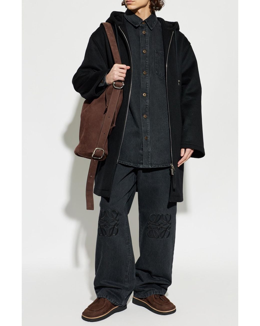 Loewe Black Wool Coat With Hood for men