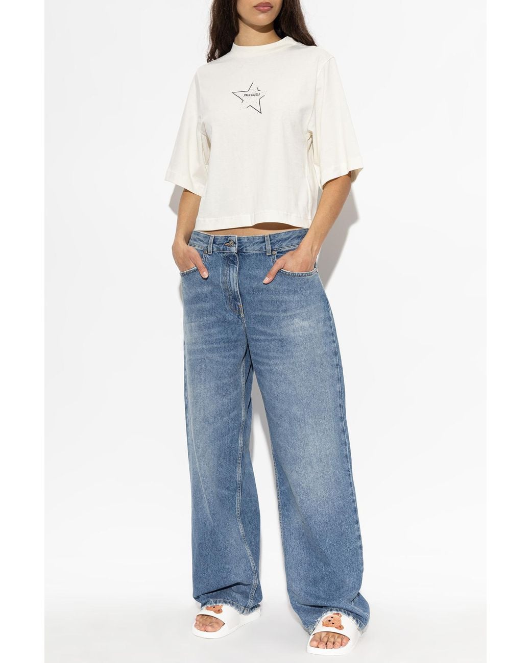 Palm Angels White Cotton T-Shirt With Print