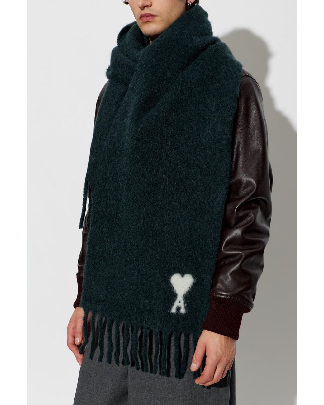 AMI Black Wool Scarf With Logo