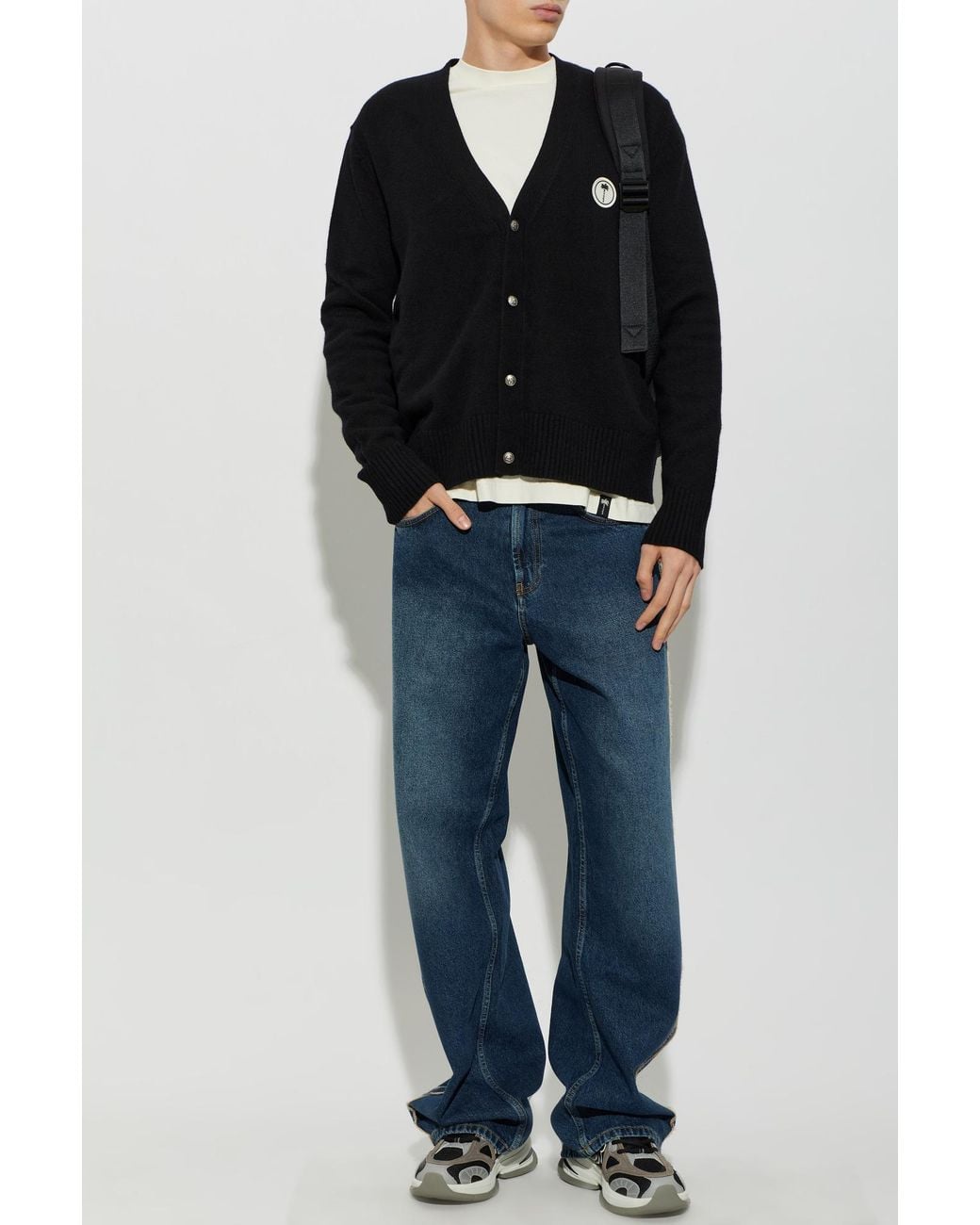Palm Angels Black Wool Cardigan With Sewn-On Logo for men