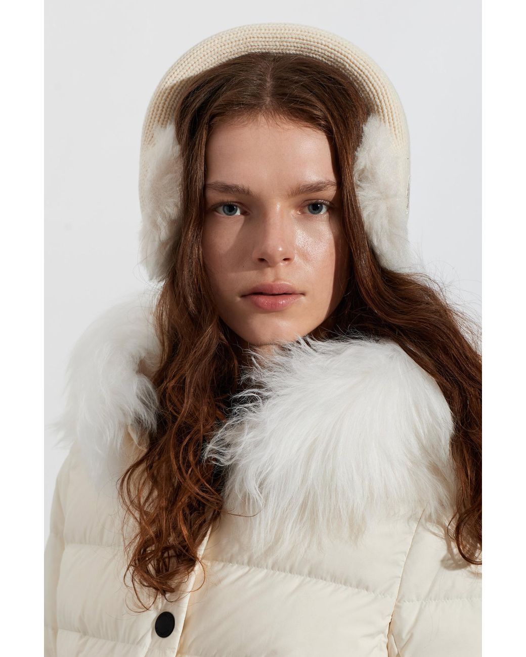 Moncler White Wool Ear Warmers With Logo Patch