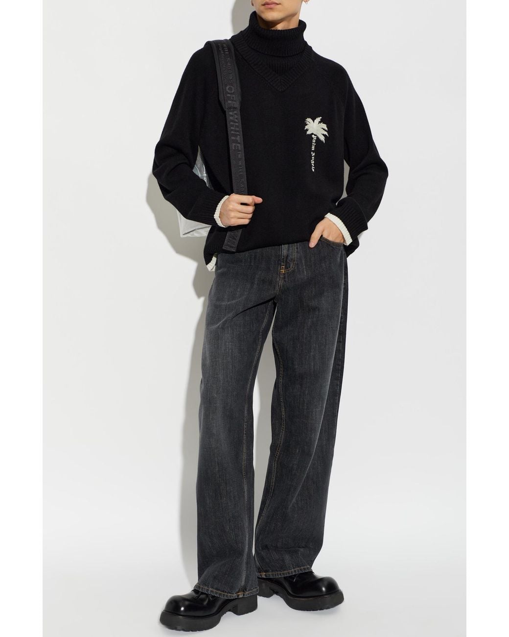 Palm Angels Black Wool Turtleneck With Embroidered Logo for men