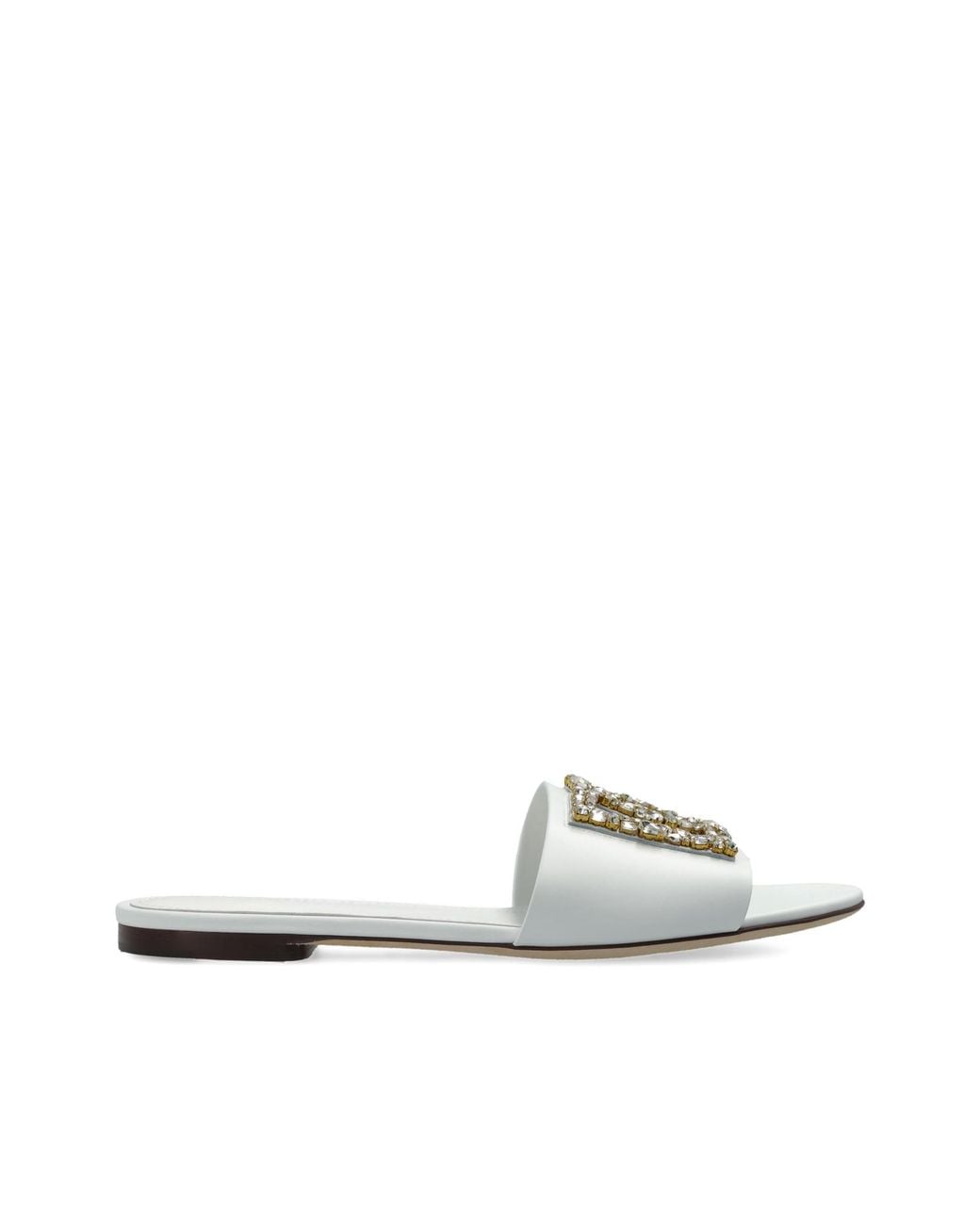 Dolce & Gabbana White Leather Slides With Shimmering Embellishments