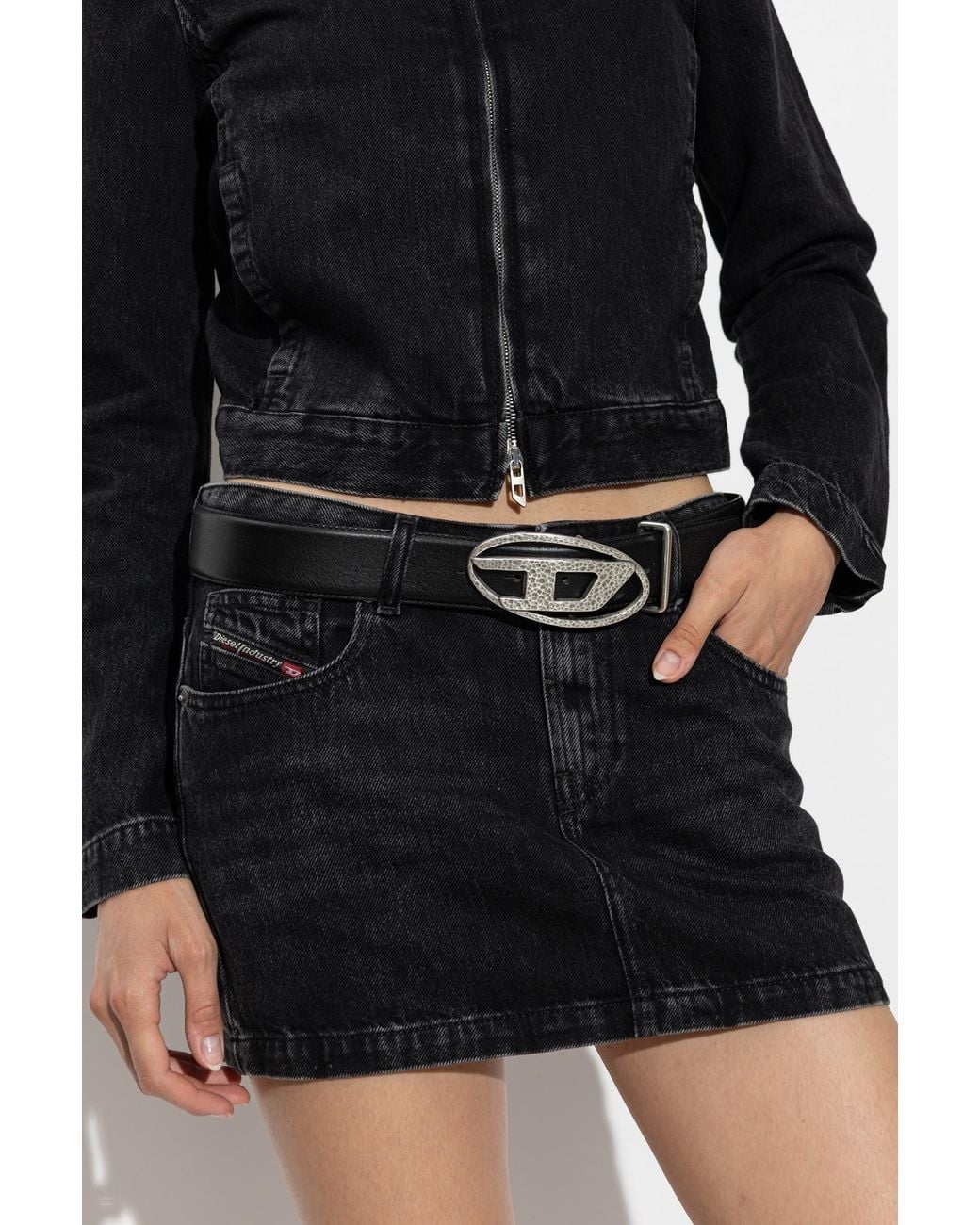 DIESEL Black Leather Belt "Oval D Logo"