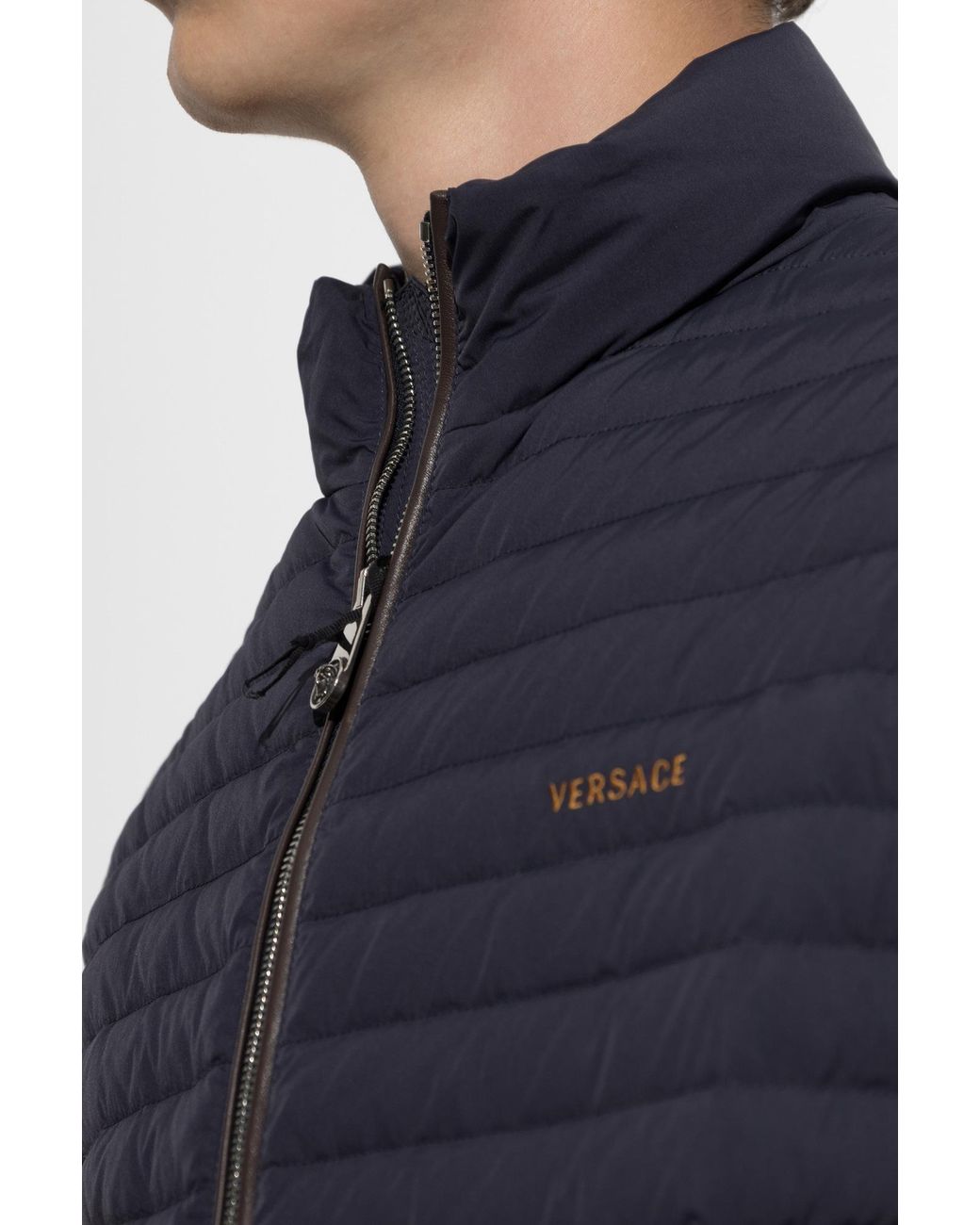 Versace Blue Puffer Jacket With Embroidered Logo for men