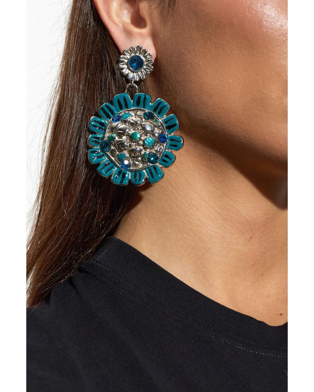 Marni Blue Brass Floral Motif Earrings