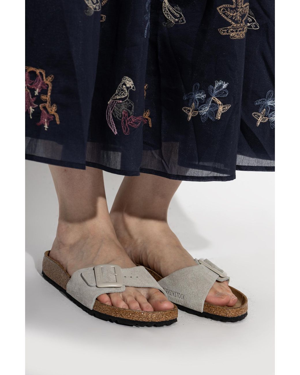 Birkenstock White 'Madrid Cushion Buckle Suede' Slides