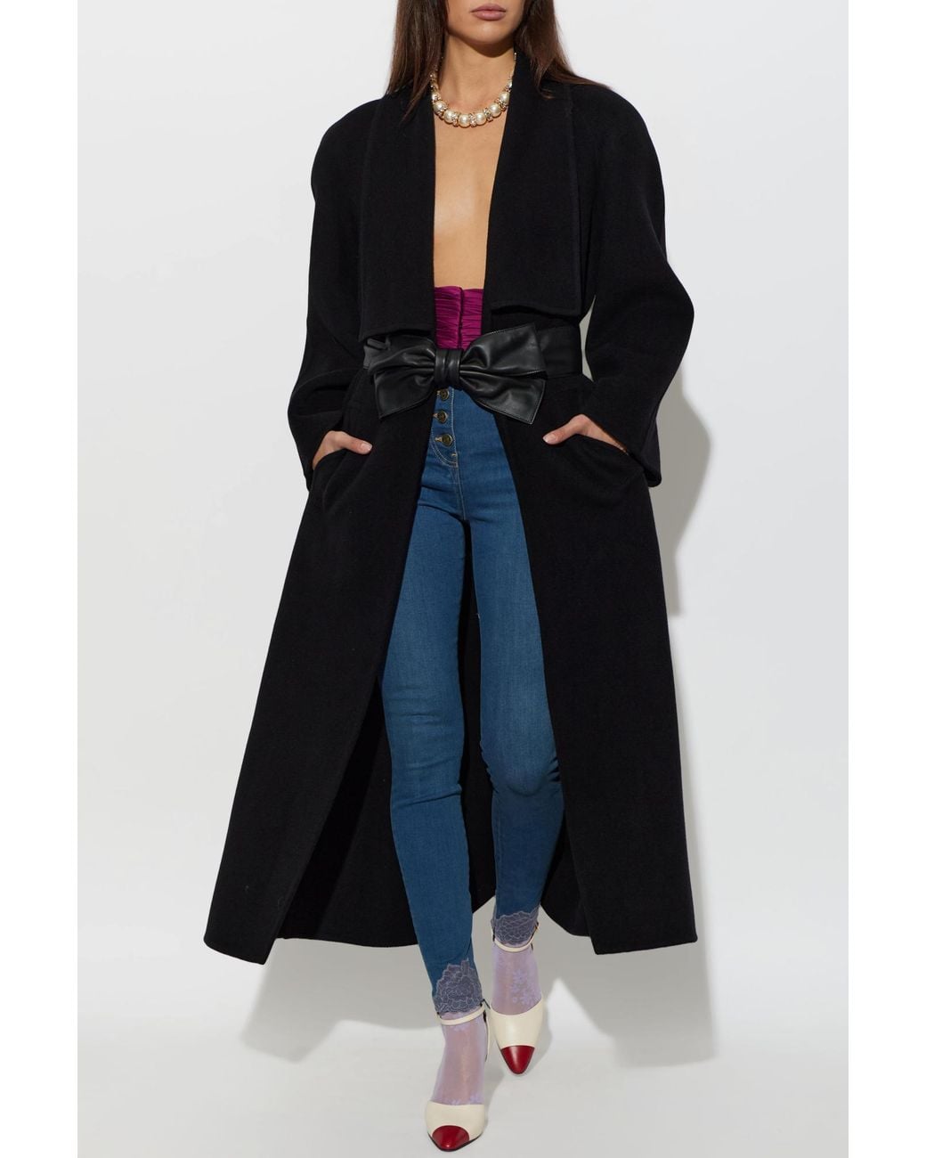 Valentino Garavani Black Wool Coat With Leather Belt