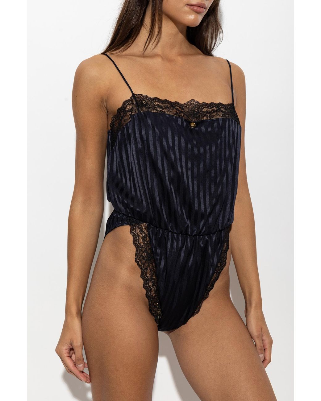 Versace Black Silk Bodysuit With Lace Trim