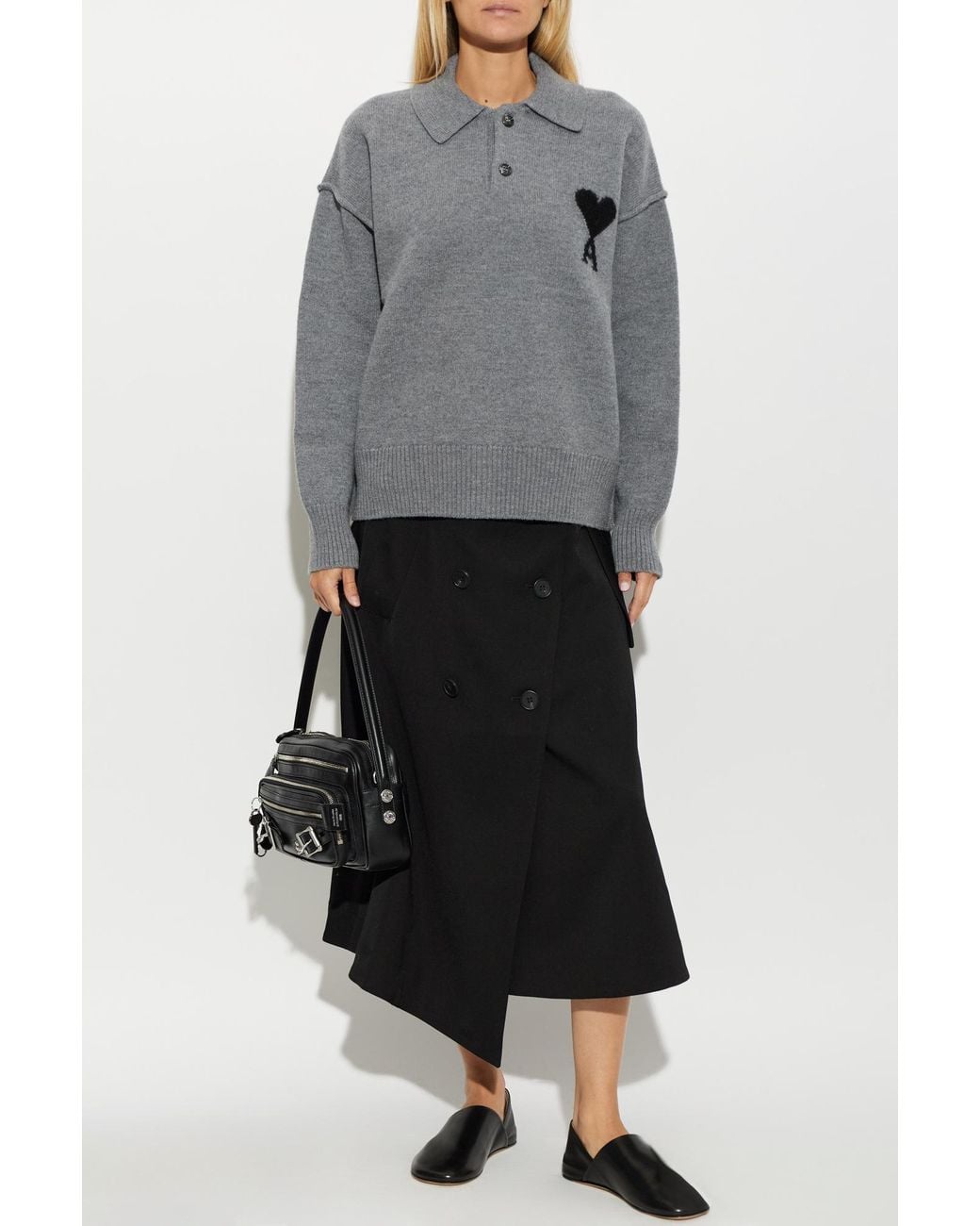 AMI Gray Wool Long-Sleeve Polo