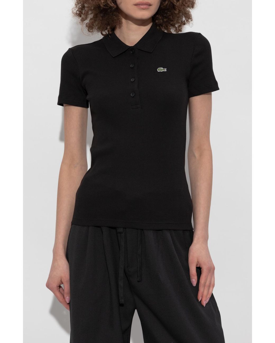 Lacoste Black Ribbed Polo With Logo Patch