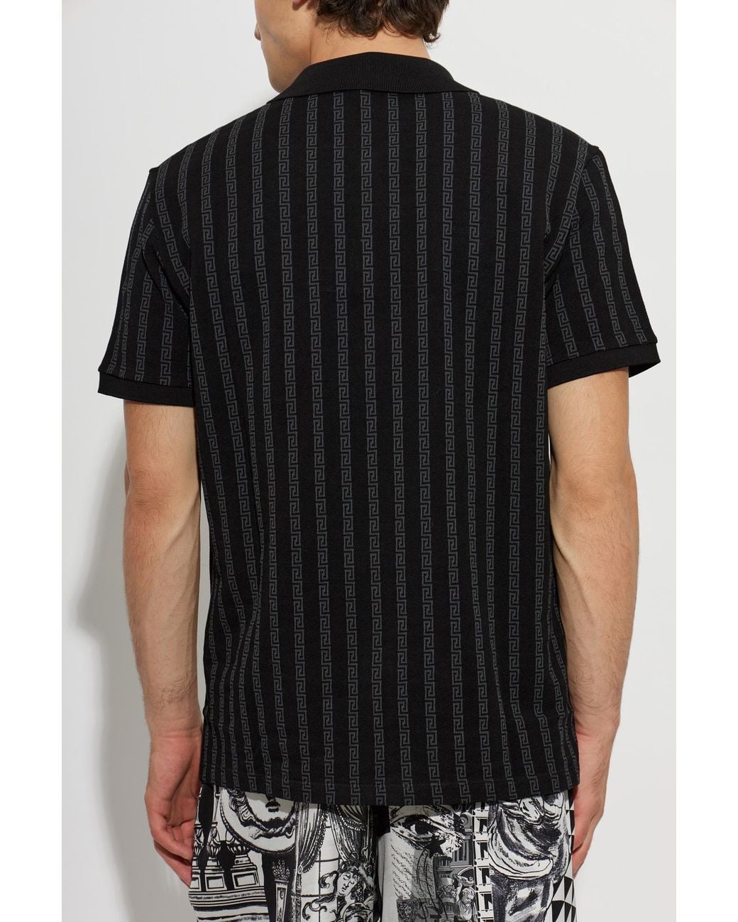 Versace Black Cotton Polo Shirt With Monogram for men