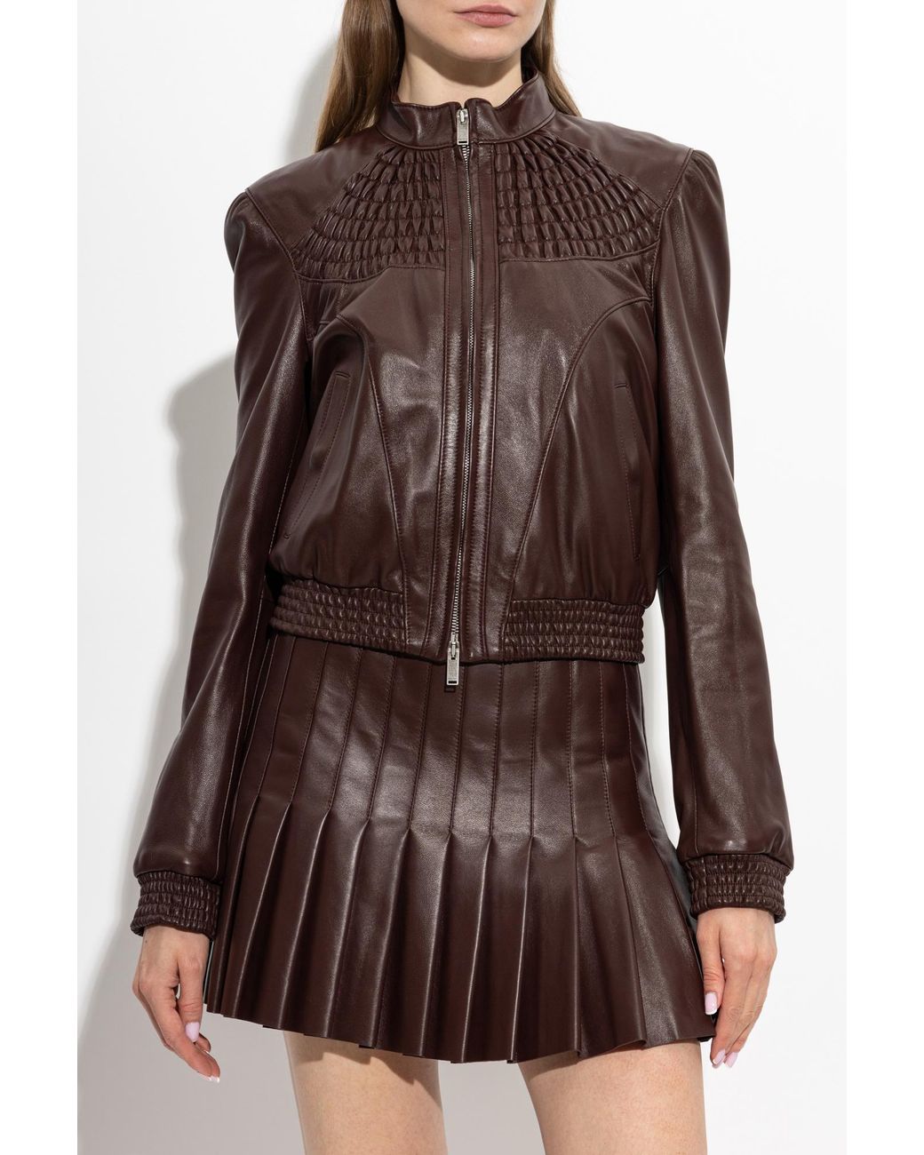 McQueen Red Leather Jacket With Stand-Up Collar