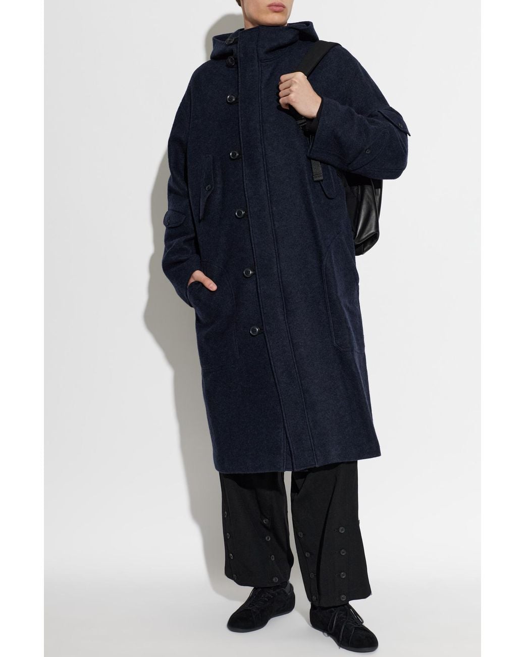 Yohji Yamamoto Blue Wool Coat With Hood for men