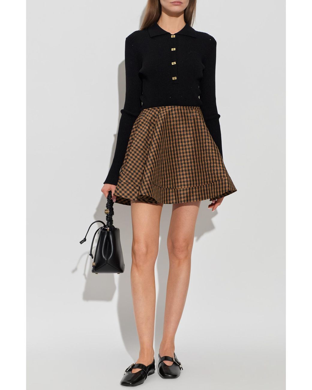 Ganni Brown Plaid Pattern Skirt
