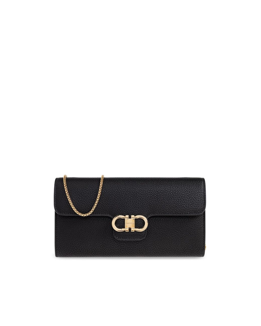 Ferragamo Black Leather Wallet On A Chain