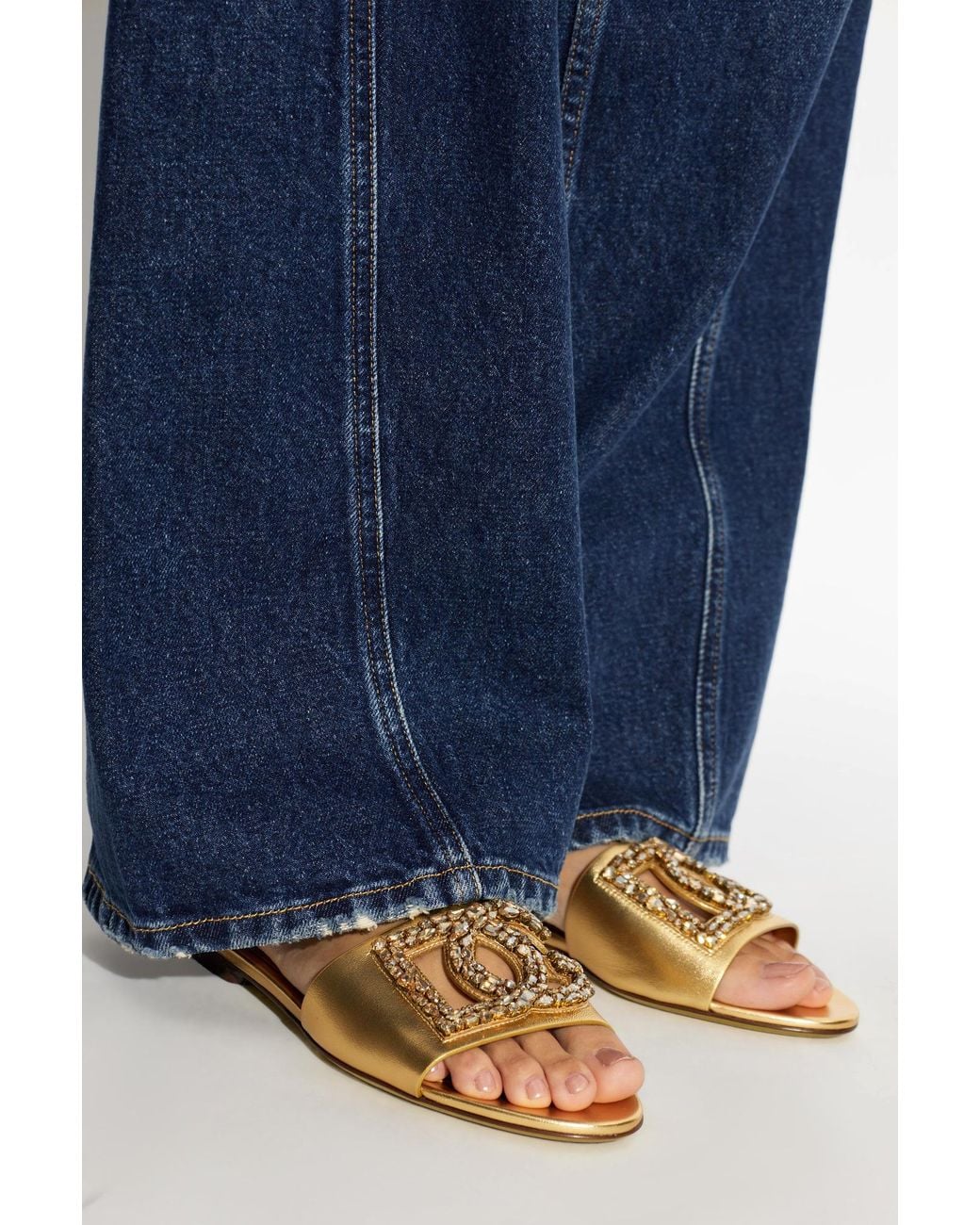 Dolce & Gabbana Metallic Leather Slides With Shimmering Embellishments