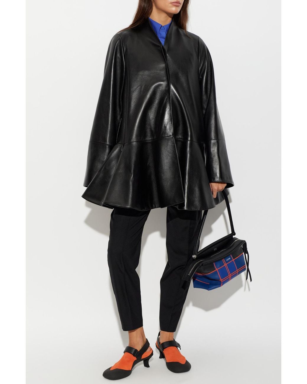 Loewe Black Leather Coat With Peplum