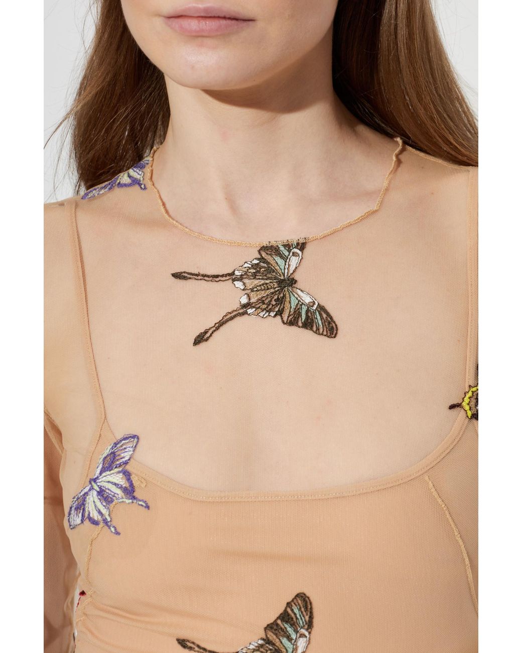 Blumarine Natural Tulle Top With Butterfly Motif