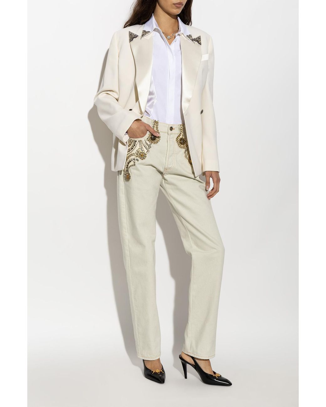 Versace Natural Wool Blazer With Shimmering Embellishments