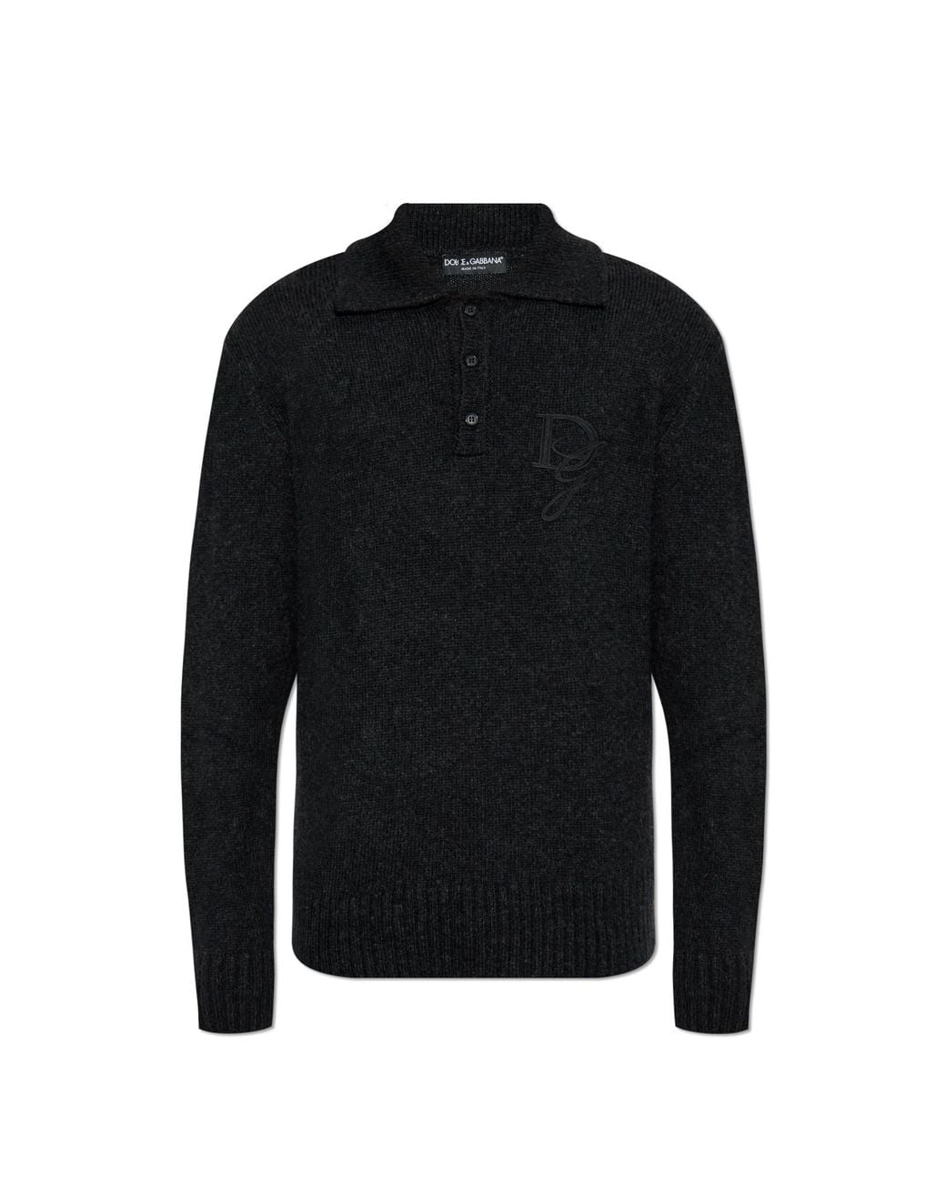 Dolce & Gabbana Black Monogram Embroidered Cashmere Polo Sweater for men