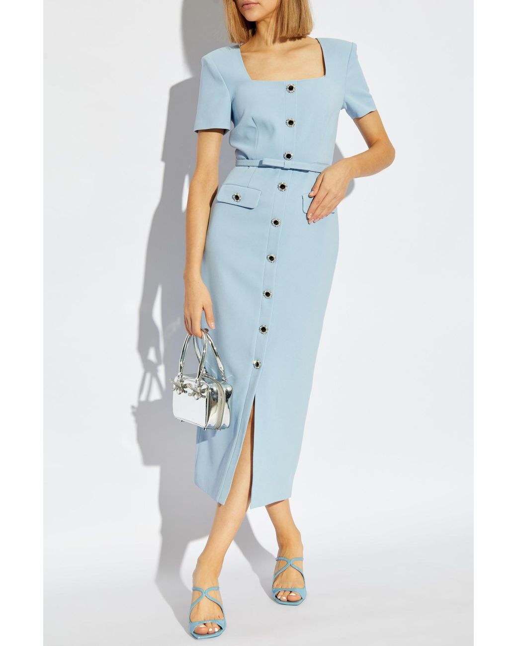 Self-Portrait Dress With Belt in Blue | Lyst