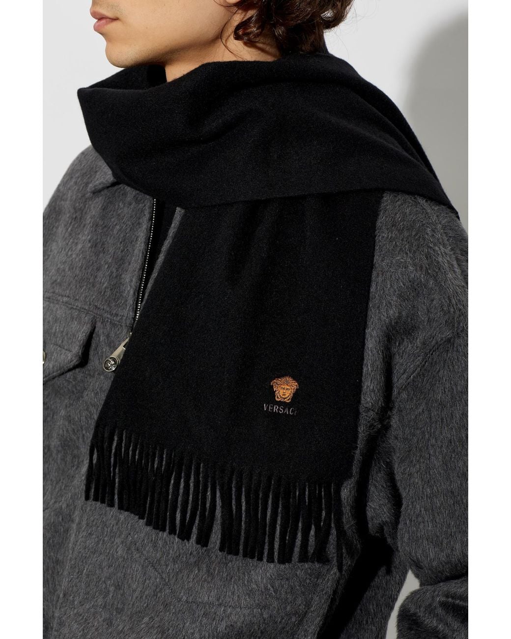 Versace Black Cashmere Scarf With Logo for men