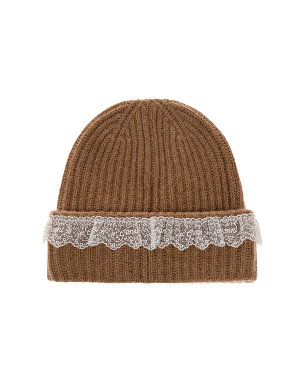 Ganni Brown Beanie Hat With Lace Trim