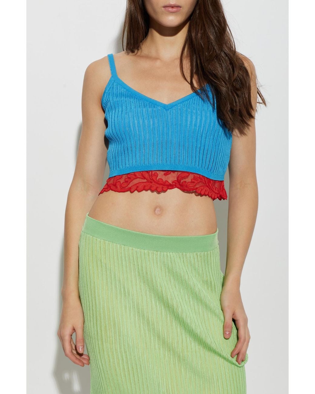 Versace Blue Short Top With Lace Trim
