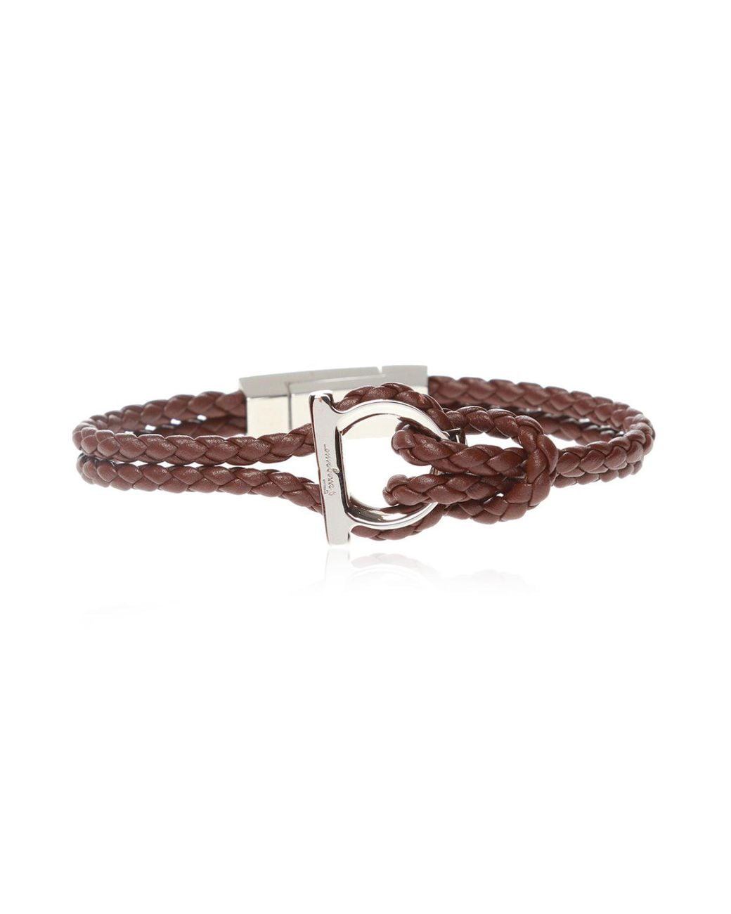 Ferragamo Brown Woven Leather Bracelet W/ Gancini Fastener for men