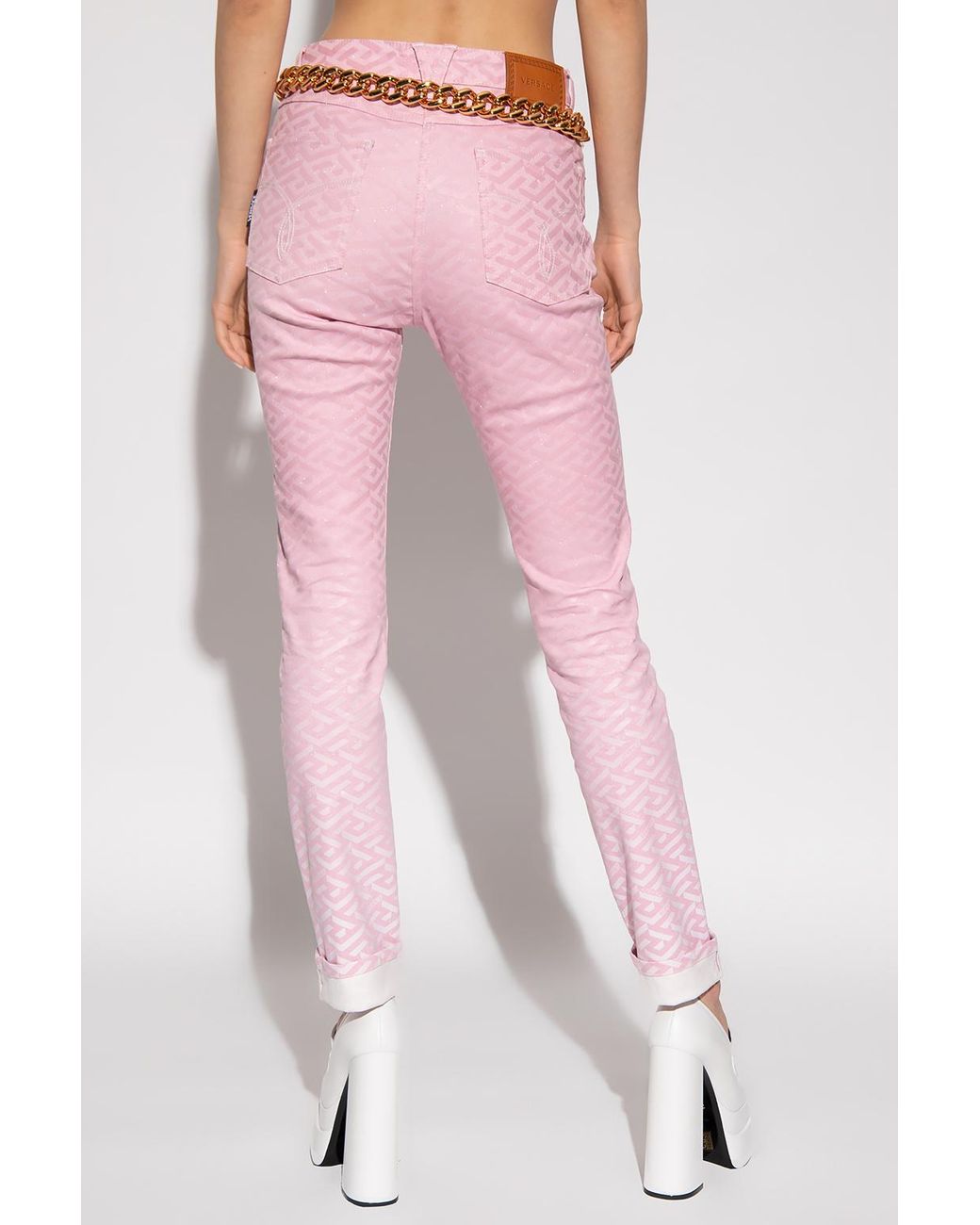 Versace Denim Jeans With 'la Greca' Theme in Pink | Lyst