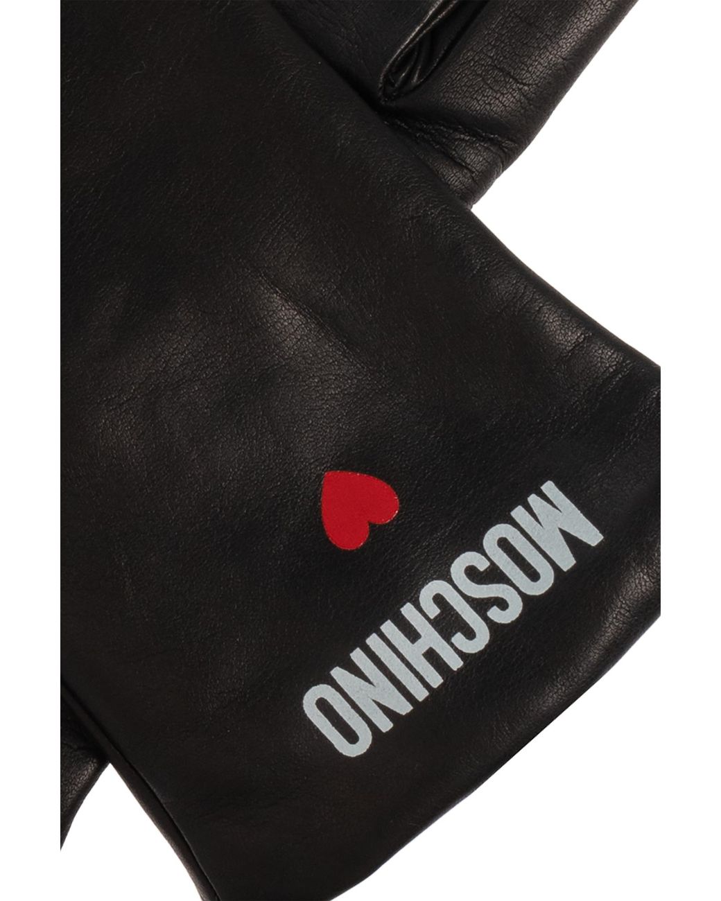 Moschino Black Leather Gloves With Printed Logo