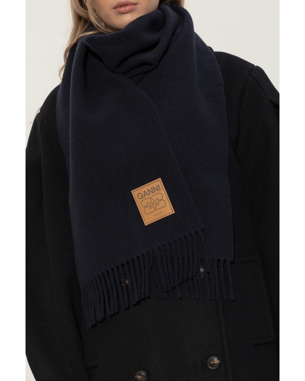 Ganni Black Wool Scarf With Logo