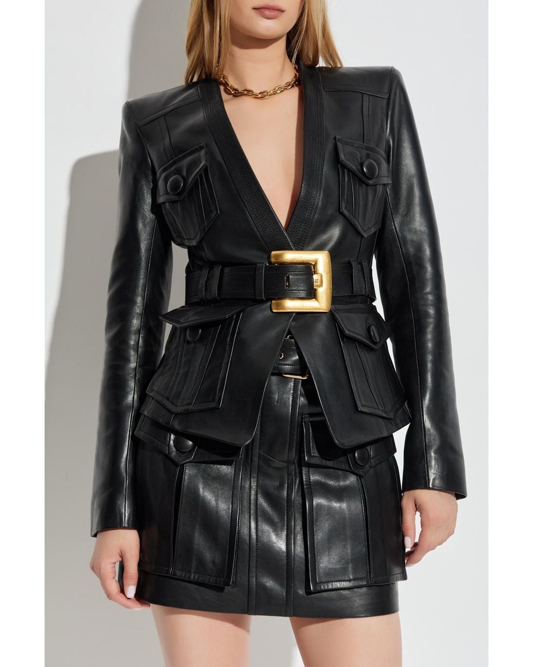 Balmain Black Leather Jacket With Belt