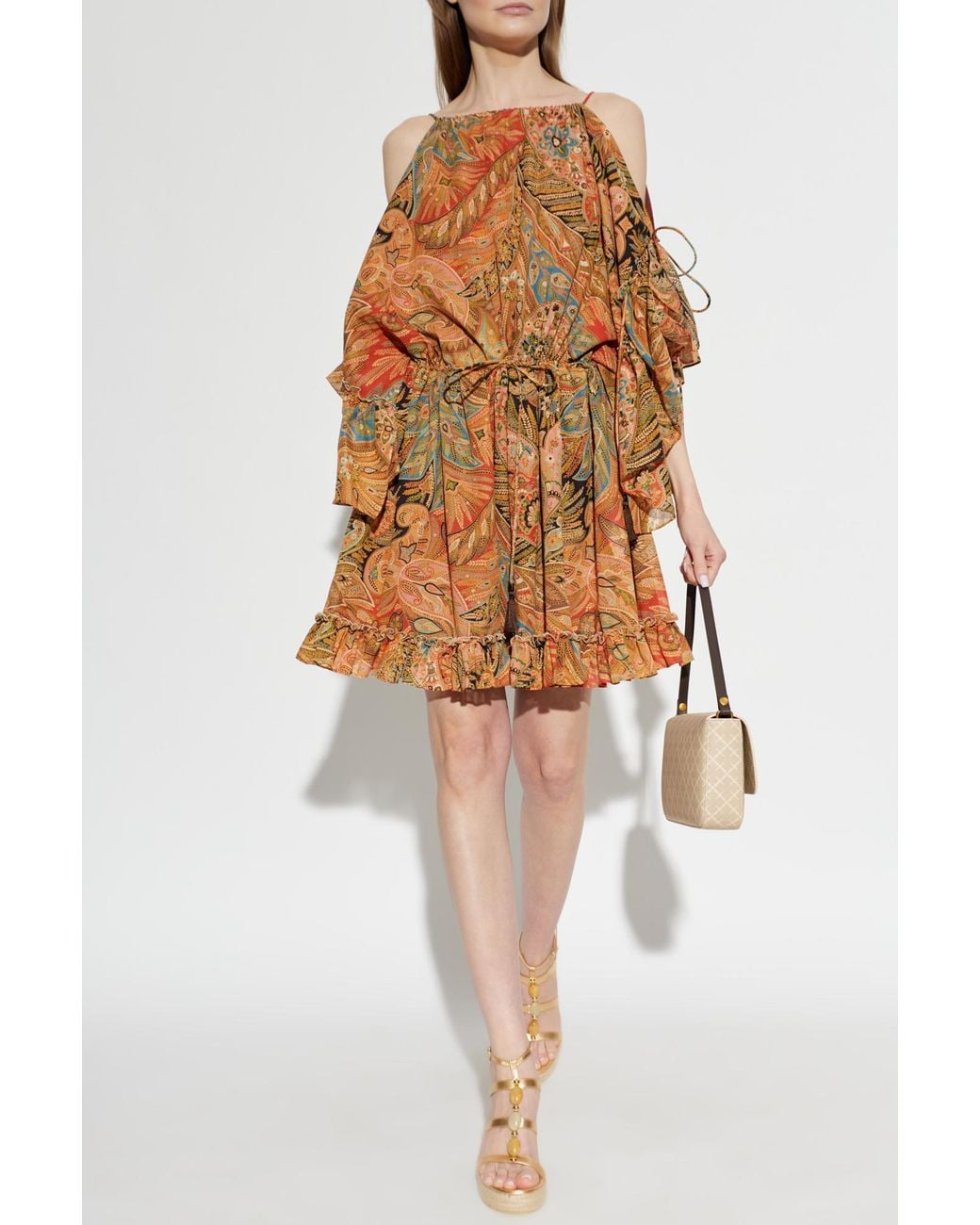 Etro Brown Patterned Off-Shoulder Dress