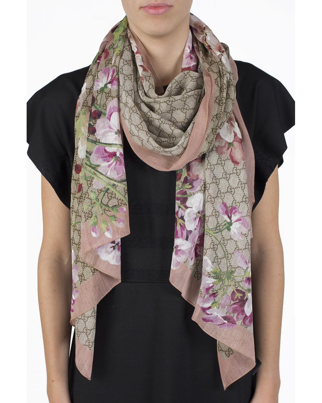 Gucci 'gg Blooms' Monogram Floral Print Silk Scarf in Natural