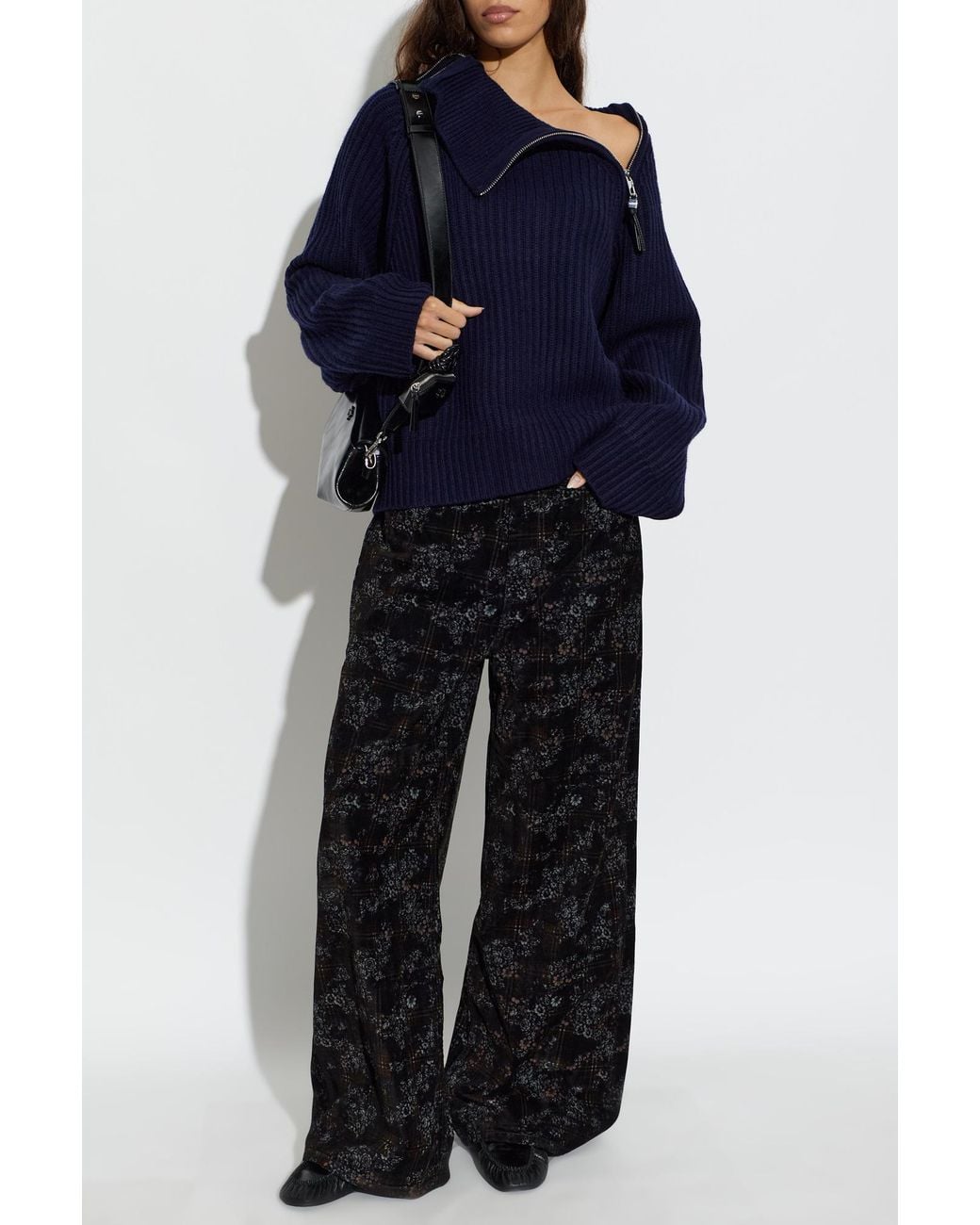 Ganni Black Velvet Floral-Patterned Trousers