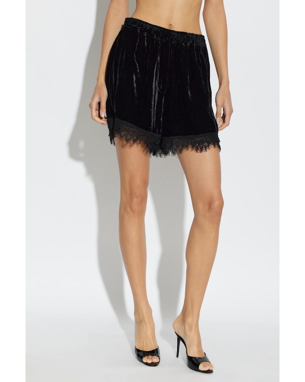 Ganni Black Velvet Shorts With Lace Trim