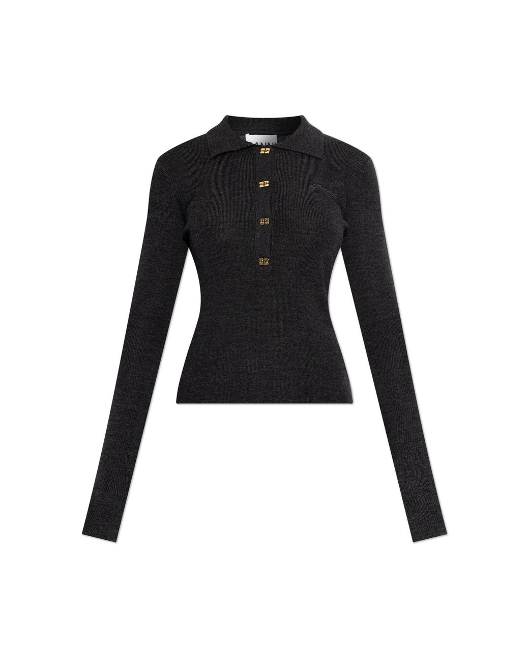 Ganni Black Wool Long-Sleeve Polo