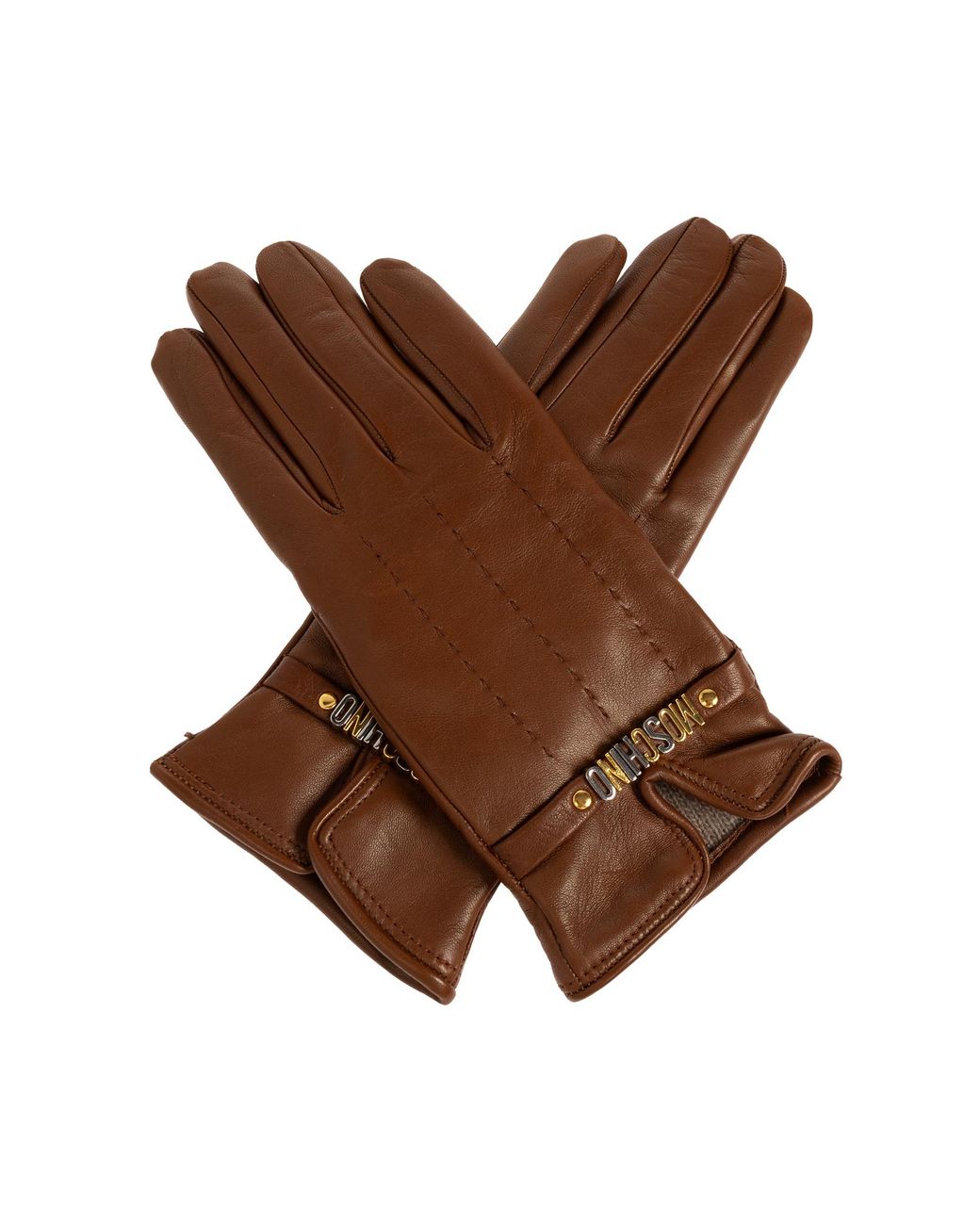 Moschino Brown Leather Gloves With Logo